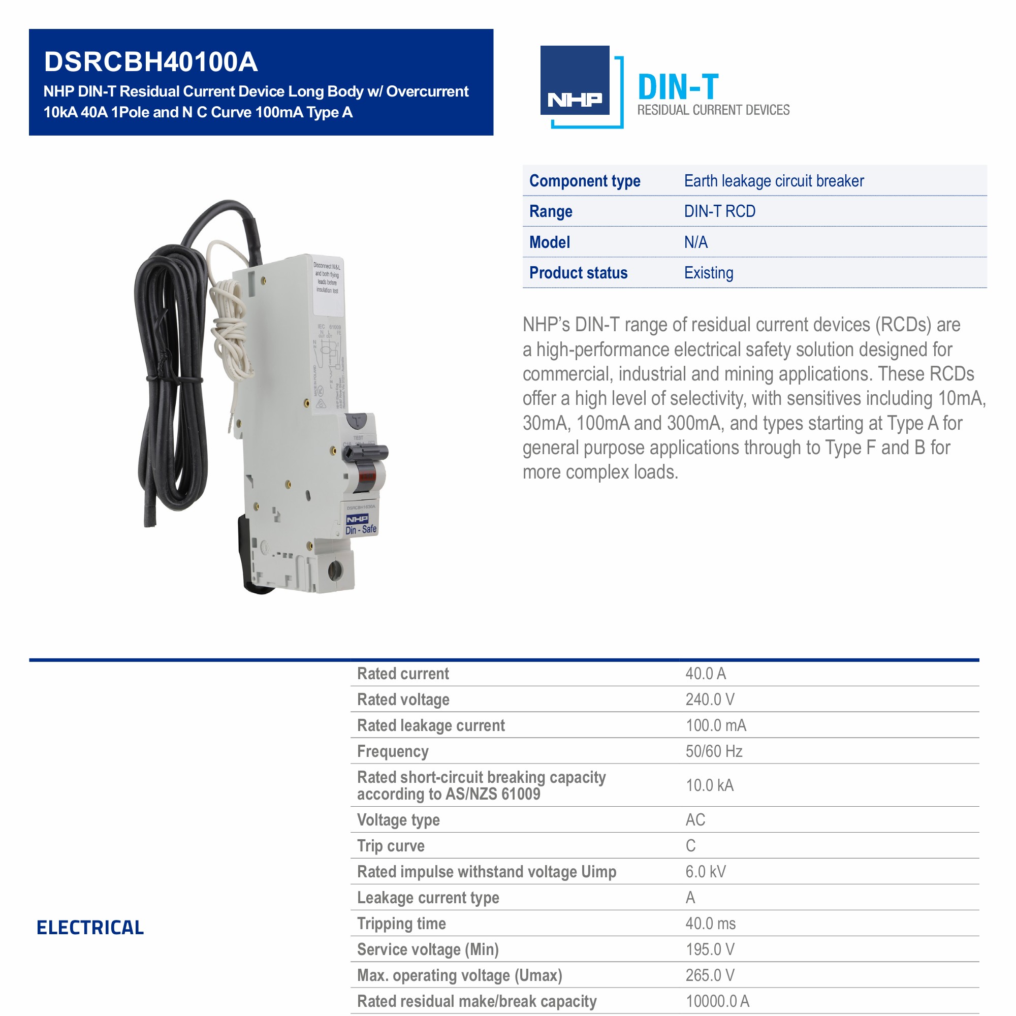 NHP DIN-T Residual Current Device Long Body w/ Overcurrent 10kA