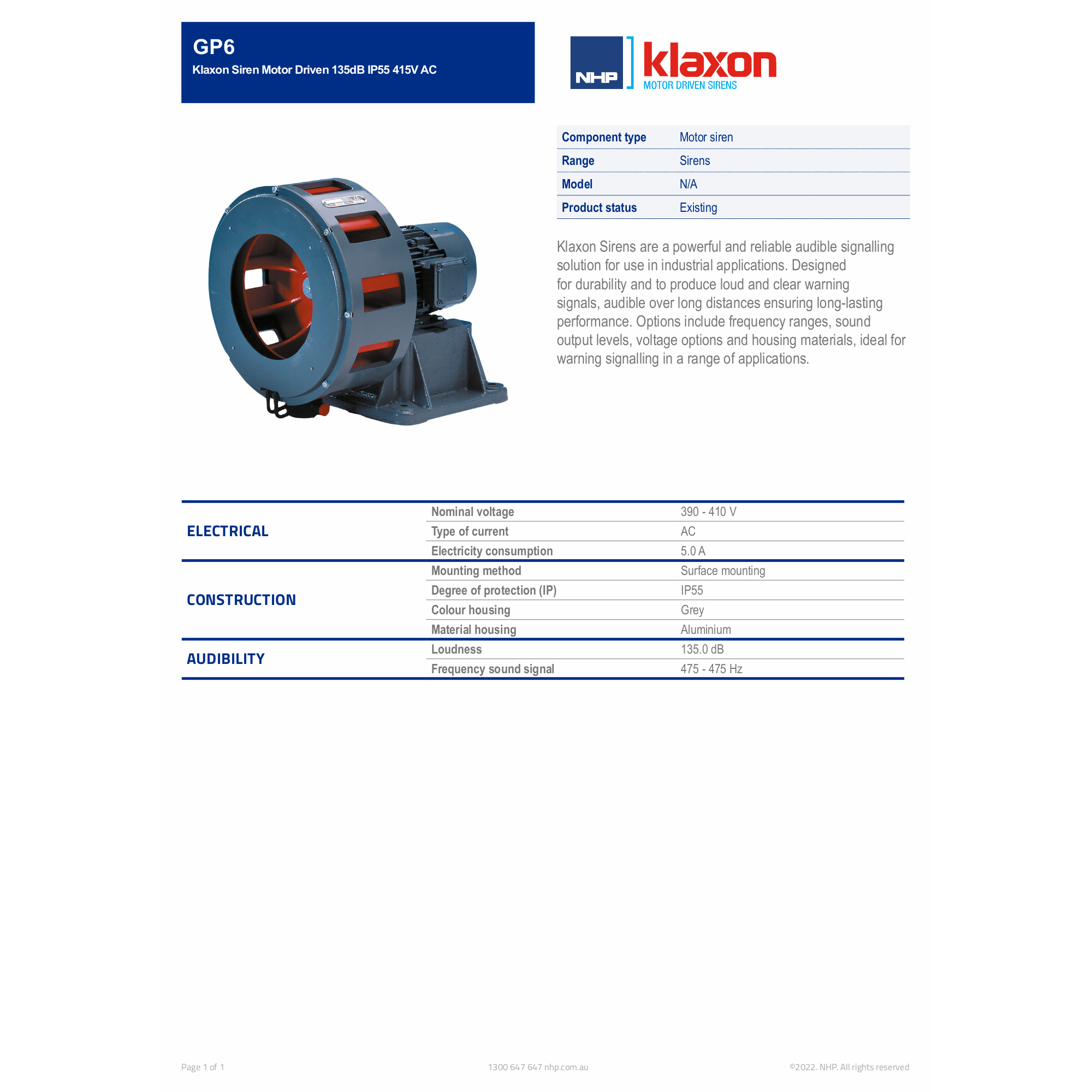 Klaxon Siren Motor Driven 135dB IP55 415V AC