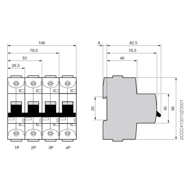 DTCB10H1100C Miniature Circuit Breaker Dimensional Diagram